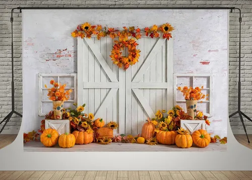 Vista 9 de Kate Fondo de fotos de 7 x 5 pies con diseño de calabaza de Acción de Gracias, para cosecha, pared blanca, puerta de madera blanca, Halloween