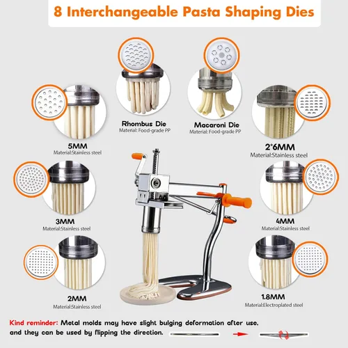 Vista 5 de Máquina para hacer pasta Máquina para hacer fideos, prensa de pasta de acero con 8 moldes para uso doméstico, máquina de pasta hace Maccheroni