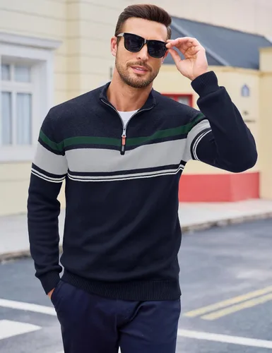 Vista 28 de MAGCOMSEN Suéteres de algodón con cremallera de 1/4 para hombre, suéter tipo polo, a rayas, para otoño e invierno, sudaderas cálidas