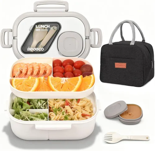 Vista 19 de PEDECO - Caja Bento azul con bolsa, apilable de 2 niveles con utensilios y caja de salsa 3 compartments prevent food mixing,Portable sauce pod