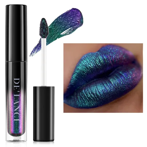 Vista 14 de Lápiz labial Chameleon color azul y verde, brillo de labios metálico brillante para mujeres y niñas, regalo de maquillaje de labios, hidratante