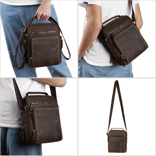 Vista 5 de BAIGIO Bolso de mensajero de cuero genuino para hombre, bolso cruzado de hombro vintage, bolso de mano, bolso de mano, bolso de mano, bolso de mano