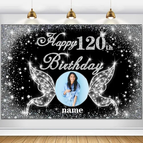 Vista 40 de Cartel personalizado de decoración de fiesta de cumpleaños número 100 - tema de alas de ángel - negro y plateado HY-NLK-100º