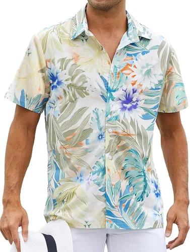 Vista 6 de ZAFUL Camisa hawaiana de algodón de manga corta con botones para el verano, para playa tropical