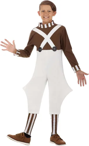 Vista 9 de Willy Wonka - Disfraz de Oompa Loompa para niños, uniforme de trabajador de fábrica de chocolate, traje para Halloween