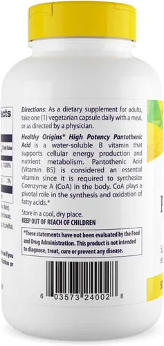 Vista 3 de Healthy Origins Cápsulas veganas de 500 mg de vitamina B5 de ácido pantoténico, alta resistencia, refuerzo de energía y apoyo al metabolismo