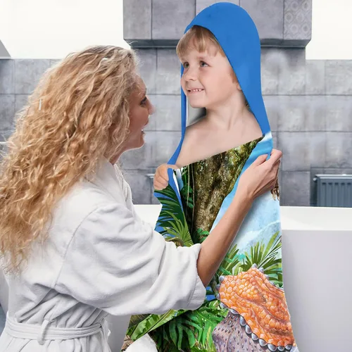 Vista 6 de Toalla con capucha de dinosaurio, toalla de playa de dinosaurio para niños de 30 x 50 pulgadas, microfibra T-Rex absorbente de secado rápido