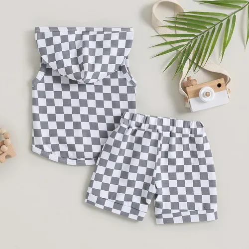 Vista 7 de Conjunto de ropa de verano para bebé, sin mangas, con capucha y pantalones cortos casuales