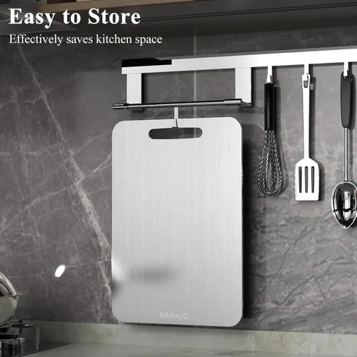 Vista 7 de Tabla de cortar, tabla de cortar de acero inoxidable 304 de grado alimenticio para cocina, apta para lavavajillas, tabla de cortar de doble cara