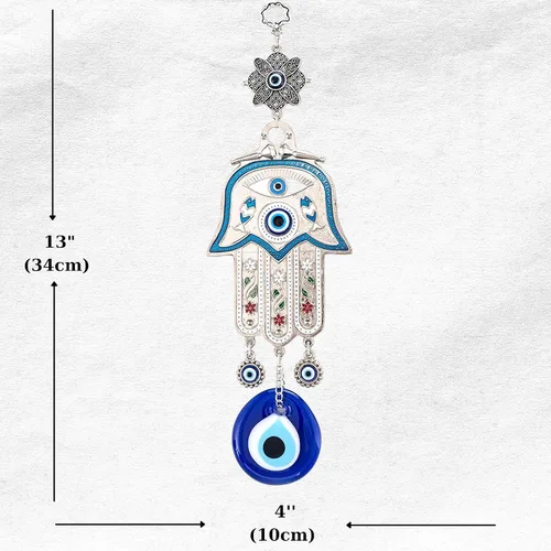 Vista 2 de Adorno colgante de pared de mano de madre Hamsa azul turco de Fátima contra el mal de ojo, amuleto de cuentas de nazar turco, regalo de amuleto