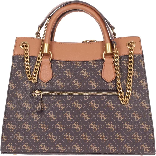 Vista 3 de GUESS Nell Logo Girlfriend Satchel Marrón LogoCoñac Talla única, Logotipo marróncoñac