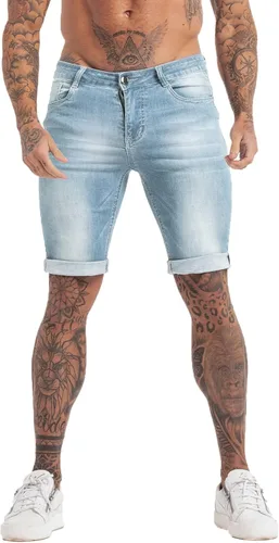 Vista 2 de GINGTTO Pantalones cortos de mezclilla para hombre, corte ajustado, elásticos, rasgados