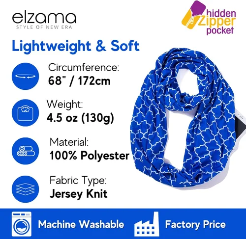 Vista 5 de elzama Infinity Loop Jersey Scarf with Hidden Zipper Pocket Printed Patterns for Women - Travel Wrap for Fall Winter