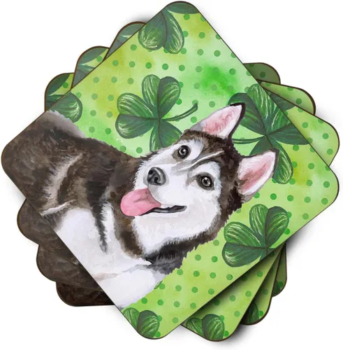 Vista 2 de Siberian Husky 2 St Patricks - Juego de 4 posavasos de espuma, color verde