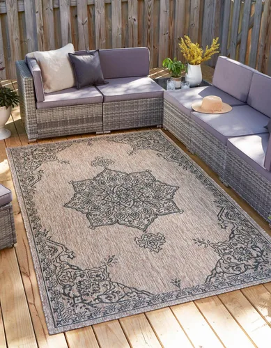 Vista 13 de Unique Loom Alfombra de la colección tradicional para exteriores, antigua (4 pies 1 pulgada, redonda, verde azulado/gris)