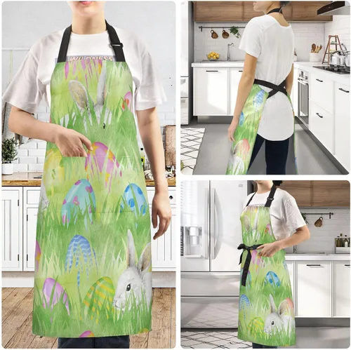 Vista 6 de Delantal con diseño de huevos de conejo de Pascua en acuarela para mujeres y hombres, delantal de cocina con cuello ajustable y bolsillos grandes