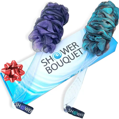 Vista 9 de SHOWER BOUQUET Juego de esponja y depurador de carbón/ 1 cepillo largo para la espalda más 2 puffs extra grandes de 2.6 oz de malla suave
