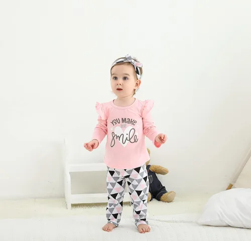 Vista 2 de Conjunto de 3 piezas de ropa de bebé niña de manga larga con letras pantalones casuales y diadema