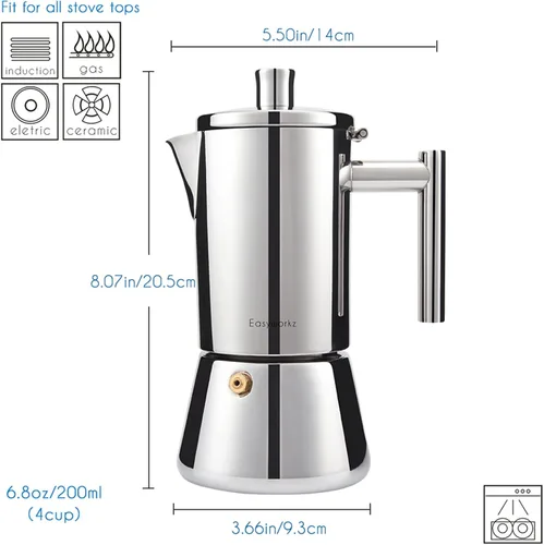 Vista 2 de Easyworkz Diego - Cafetera de café expreso para estufa, 4 tazas, 6.8 onzas, con mango largo hueco de acero inoxidable, cuchara medidora de 0.27