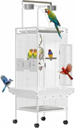 Vista 9 de Jaulas grandes de hierro forjado de 67 pulgadas con soporte rodante para cacatúas, loro, quáquero, conure, periquito, tortolito, canario, pequeño