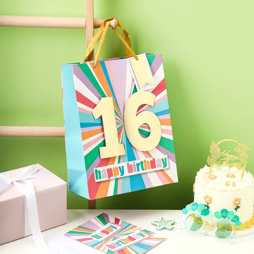 Vista 5 de WRAPAHOLIC Bolsa de regalo de cumpleaños grande de 13 pulgadas con tarjeta y papel de seda - 16 cumpleaños Feliz cumpleaños número 16
