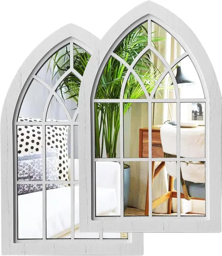 Vista 9 de ZEXUIRU 2 piezas de espejo de pared arqueado para ventana, espejo de acento rústico de granja, espejo de entrada con marco de madera para sala