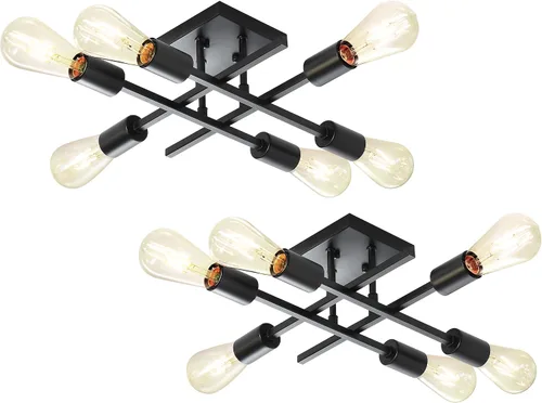 Vista 9 de Lámpara de techo semiempotrada de 6 luces, níquel cepillado industrial cerca del techo, moderna base E26 Sputnik lámpara de techo para cocina