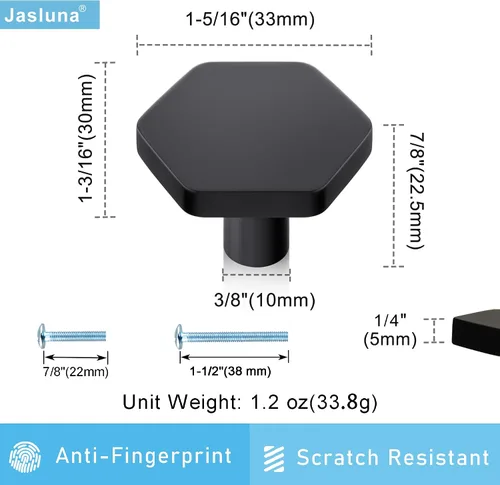 Vista 4 de Paquete de 6 pomos negros para cajones de tocador, perillas hexagonales de 1-1/4 pulgadas para armario de cocina, baño, acabado negro mate