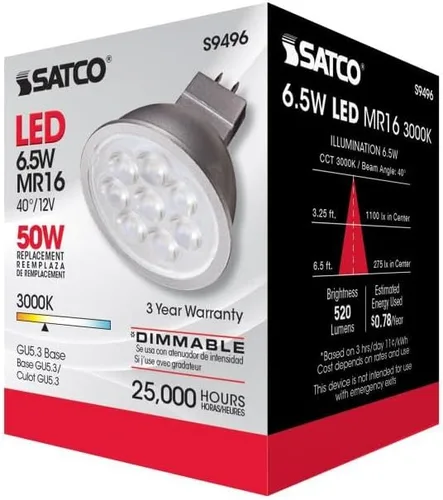 Vista 7 de Satco Lighting - Bombillas LED MR16 de bajo voltaje regulables de 6,5 W, blanco suave de 3000 K, ángulo de haz de 40 grados, base GU5.3, 12 voltios
