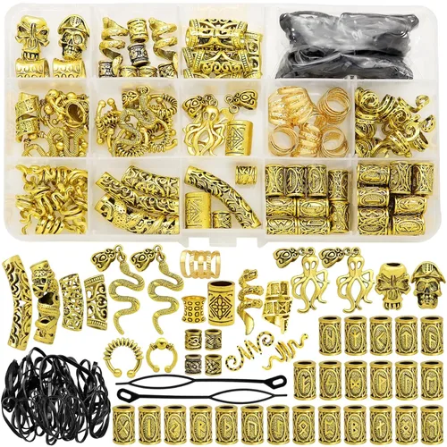 Vista 9 de 207 piezas de joyería para cabello vikingo, cuentas de runas nórdicas en tubo, kit de accesorios para trenzas, rastas, barba, locs, clips metálicos