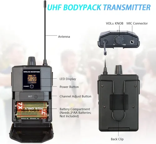 Vista 5 de Sistema de micrófono inalámbrico profesional de 4 canales, auriculares de mano inalámbricos de metal UHF, micrófonos de solapa para cantar karaoke