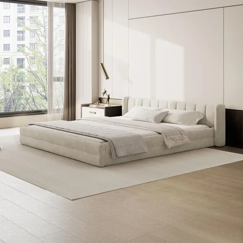 Vista 19 de Marco de cama tamaño Queen con cabecero suave tipo nube, base de cama de madera con tapizado de chenilla, no necesita somier - Beige Marco de cama