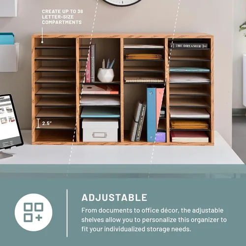Vista 4 de Safco Products - 9424MO - Organizador de literatura ajustable de madera, con 36 compartimentos, roble medio, estructura duradera, estantes