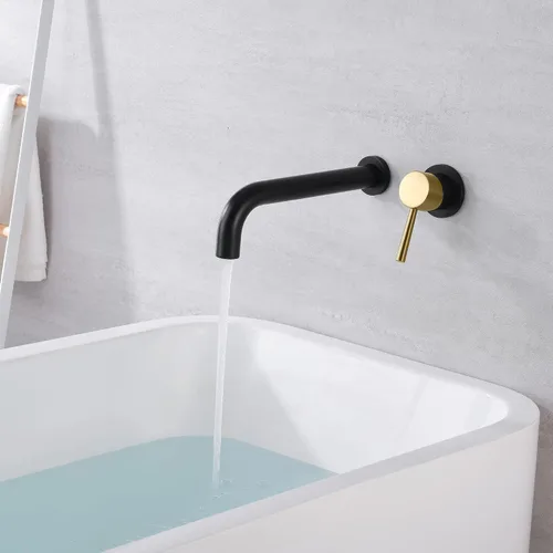 Vista 5 de SUMERAIN Grifo de bañera de montaje en pared Grifo de bañera de baño con boquilla de llenado de bañera larga, acabado negro y dorado, manija única