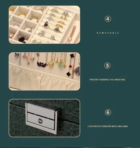 Vista 6 de Organizador de joyero caja de almacenamiento grande de 2 capas caja de joyería de cuero sintético para mujeres para almacenar anillos aretes