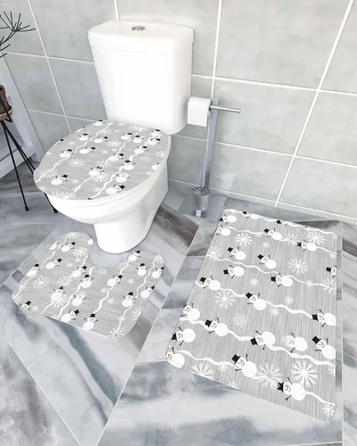 Vista 9 de Juego de 3 alfombras de baño de Feliz Navidad, diseño de muñeco de nieve, copo de nieve, gris nieve, absorbente, antideslizante, tapete