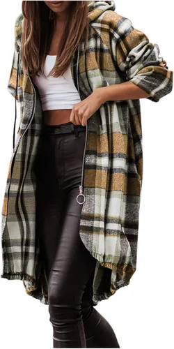 Vista 3 de Camisa estampada a cuadros para mujer, con cremallera, manga larga, con capucha, chaqueta irregular