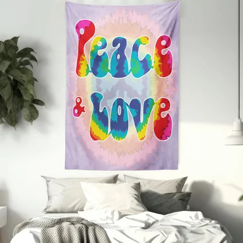 Vista 7 de Ambesonne Tapiz Groovy, texto de paz y amor en patrón de efecto teñido anudado, enérgico, juvenil, divertido hippie de los años 60 y 70, decoración