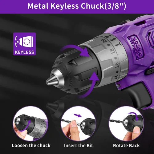 Vista 4 de Juego de taladro inalámbrico sin escobillas morado, kit de controlador de potencia compacto de 20 V con motor eléctrico, ajuste de par de 20+3, 48