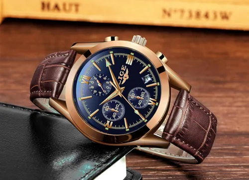Vista 3 de LIGE Reloj analógico de cuero para hombre, reloj de pulsera de cuarzo, para citas, negocios, casual, impermeable, reloj deportivo, color negro