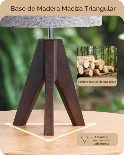 Vista 2 de EDISHINE Lámpara de mesa pequeña estilo Boho, lámpara de mesa de madera color nogal con trípode, lámpara de mesita de noche estilo granja