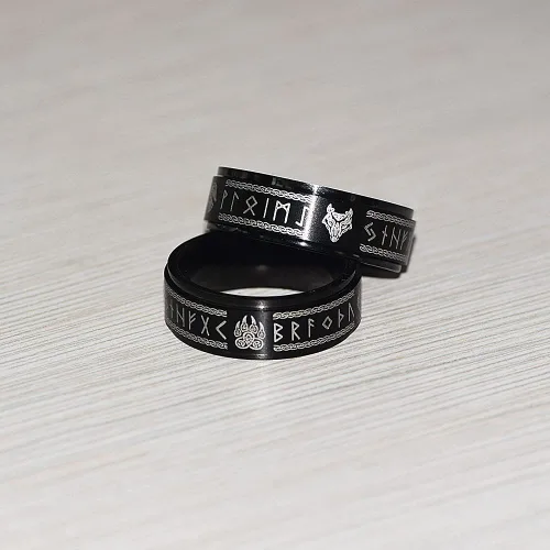 Vista 4 de FLYUN Anillos vikingos nórdicos para hombre, runas celtas, anillo de acero inoxidable negro para hombre, Metal, Acero inoxidable