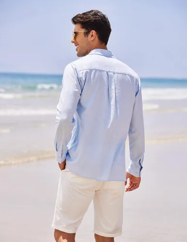Vista 3 de COOFANDY Mens Linen Shirt Casual Cuban Guayabera Long Sleeve Button Down Beach Shirts