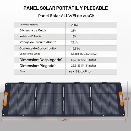 Vista 3 de ALLWEI Panel solar portátil de 200 W para generador solar de estación de energía de 1200 W 2400 W, salidas 3 en 1, cargador solar de 18 V