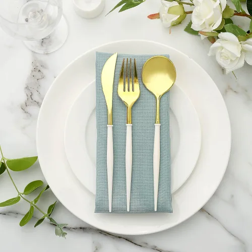 Vista 12 de Cubiertos de plástico Silverwar de plástico plateado con mango azul, cubiertos desechables pesados que incluyen 8 tenedores, 8 cucharas, 8 cuchillos