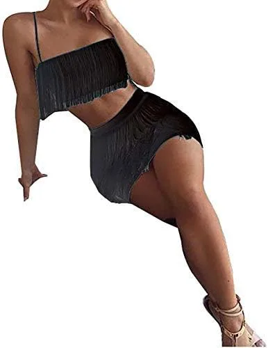 Vista 6 de Traje de mujer sexy de 2 piezas, sin mangas, con borlas de plumas en la blusa, minivestido entallado para el cuerpo, ropa para ir al club.
