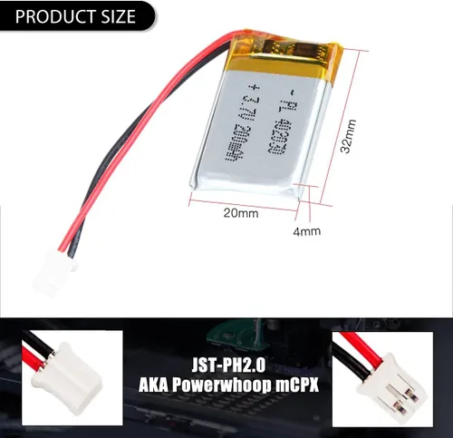 Vista 2 de 3.7V 180mAh 402030 Batería LiPo con conector JST PH2.0.000 in 2-Pin