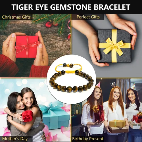 Vista 307 de Adjustable Crystal Bracelet – Gemstone Bead Bracelet with Adjustable Macrame String – Chic Gemstone Bracelet for Men and Women – 8mm Round Healing
