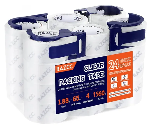 Vista 12 de RAZCC Cinta de embalaje, 12 rollos de cinta de embalaje transparente resistente con dispensadores para embalaje, envío, mudanza y correo, cinta