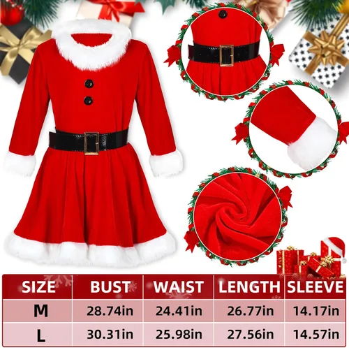 Vista 2 de Xtinmee Juego de 4 piezas de disfraz de Papá Noel para niñas, vestido de Papá Noel rojo, sombrero de Navidad y guantes de piel, pantimedias
